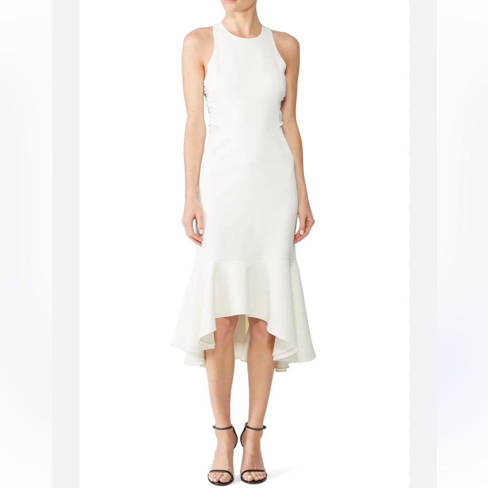 Gorgeous Halston Heritage Flounce Hem off White Ruffled Cutout Lined Midi Dress